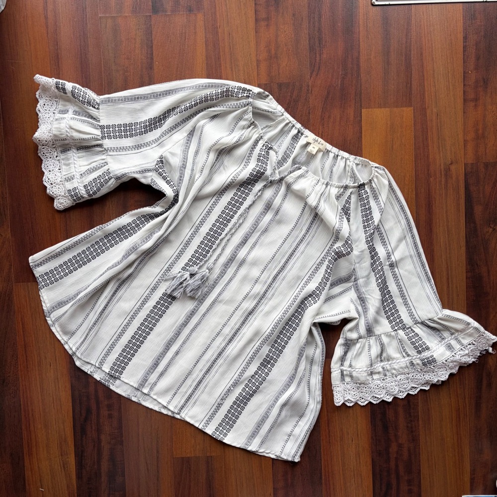 Style & Co Womens XXL White Black Striped‎ Boho Peasant Blouse Lace Bell Sleeve